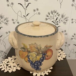 Vintage Beige Ceramic Crock with Fruit Design